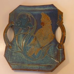 Signed Studio Art Pottery Tray With Handles Cockatoo Blue/Brown Handmade 13×15
